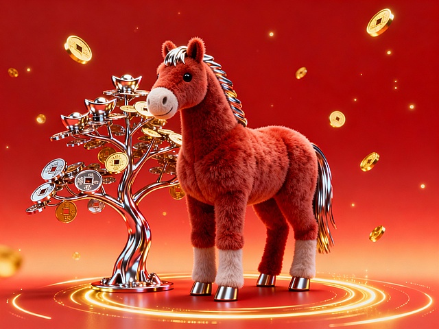 软3D风格萌马立于鎏金钱币树旁，毛发生长质感细腻，金属脚蹄闪耀，喜庆红背景中金币飞舞，卡通可爱与重拟物结合，洋溢春节喜庆氛围。