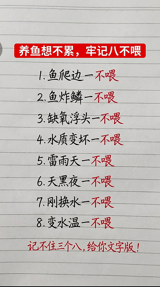 参照参考图片的排版布局、字体样式和颜色，替换图片中的文字内容，一字不差保留原布局风格：顶部红底白字标题"养鱼想不累，牢记八不喂"，下方黑红手写字体依次排列：
1.鱼爬边一不喂
2.鱼炸鳞一不喂
3.缺氧浮头一不喂
4.水质变坏一不喂
5.雷雨天一不喂
6.天黑夜一不喂
7.刚换水一不喂
8.变水温一不喂
底部红色字体"记不住三个八，给你文字版！"。背景为横格笔记本纸张，整体排版布局和原参考图一致