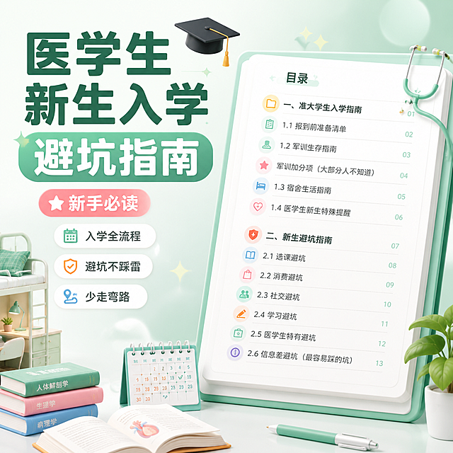 主图第一张 医学生新生入学避坑指南 主题与核心价值 小红书商业海报风格 清新马卡龙配色 薄荷绿加奶白色主色调 浅粉浅蓝点缀 暖橙强调色 圆润无衬线粗体字 深墨绿标题 深灰辅助字 圆角轻阴影卡片 左文右图版式 左侧大标题区 右侧展示打开的电子指南手册 手册页面有目录条目 报到前准备清单 军训加分项 宿舍生活指南 选课避坑 社交避坑 学习避坑 医学生特有避坑 信息差避坑 点缀学士帽 听诊器 宿舍床 书本 日历小图标 柔和渐变背景 轻微光斑装饰 商业海报质感 光线均匀柔和 左上角大主标题 医学生新生入学避坑指南 副标题 新手必读 三个小卖点标签 入学全流程 避坑不踩雷 少走弯路 文字清晰 1比1比例 2048像素 无水印 无平台logo 无变形 无错字