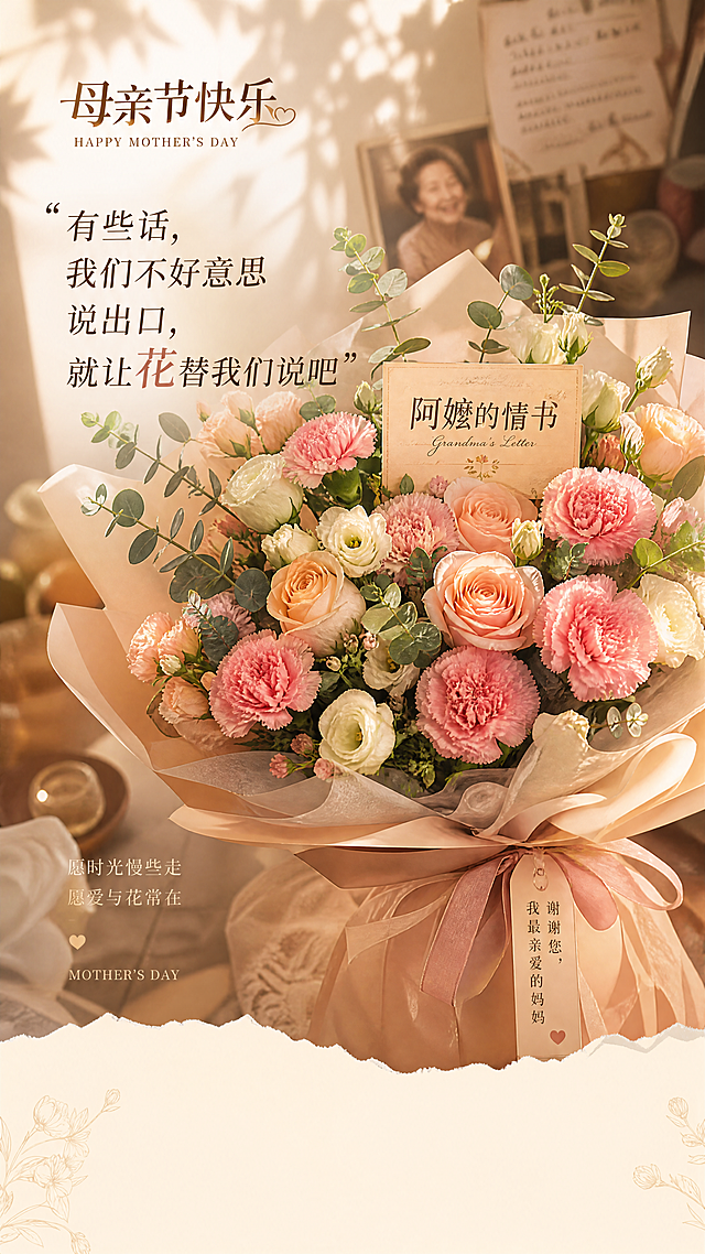 暖色调温馨背景，「阿嬷的情书」花束特写，搭配电影台词文字“有些话，我们不好意思说出口，就让花替我们说吧”，底部预留位置标注店名、地址和活动信息，花店母亲节促销海报风格，温暖氛围感，高清质感