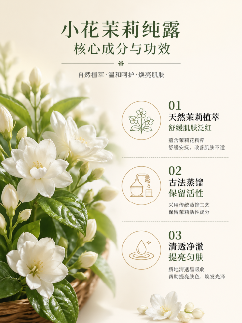 小花茉莉纯露详情页成分介绍页，整体自然清新风格，浅米白背景，展示新鲜茉莉花原料，页面左图为茉莉花实拍，右侧分点介绍核心成分与功效「① 天然茉莉植萃 舒缓肌肤泛红 ② 古法蒸馏 保留活性 ③ 清透净澈预览效果