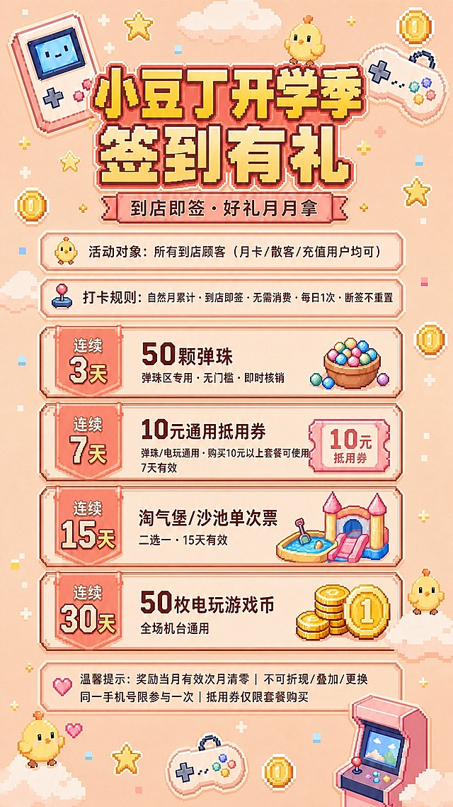 基于这张像素风签到海报，将所有文案内容区域（主标题、副标题、活动对象、打卡规则、四档奖励卡片、温馨提示）整体向上移动，缩小顶部留白，让文案布局更靠上更紧凑。保持所有文字内容、字体样式、像素风格、装饰元素、配色完全不变，仅调整文案整体位置上移。底部保留适当的像素装饰元素空间。