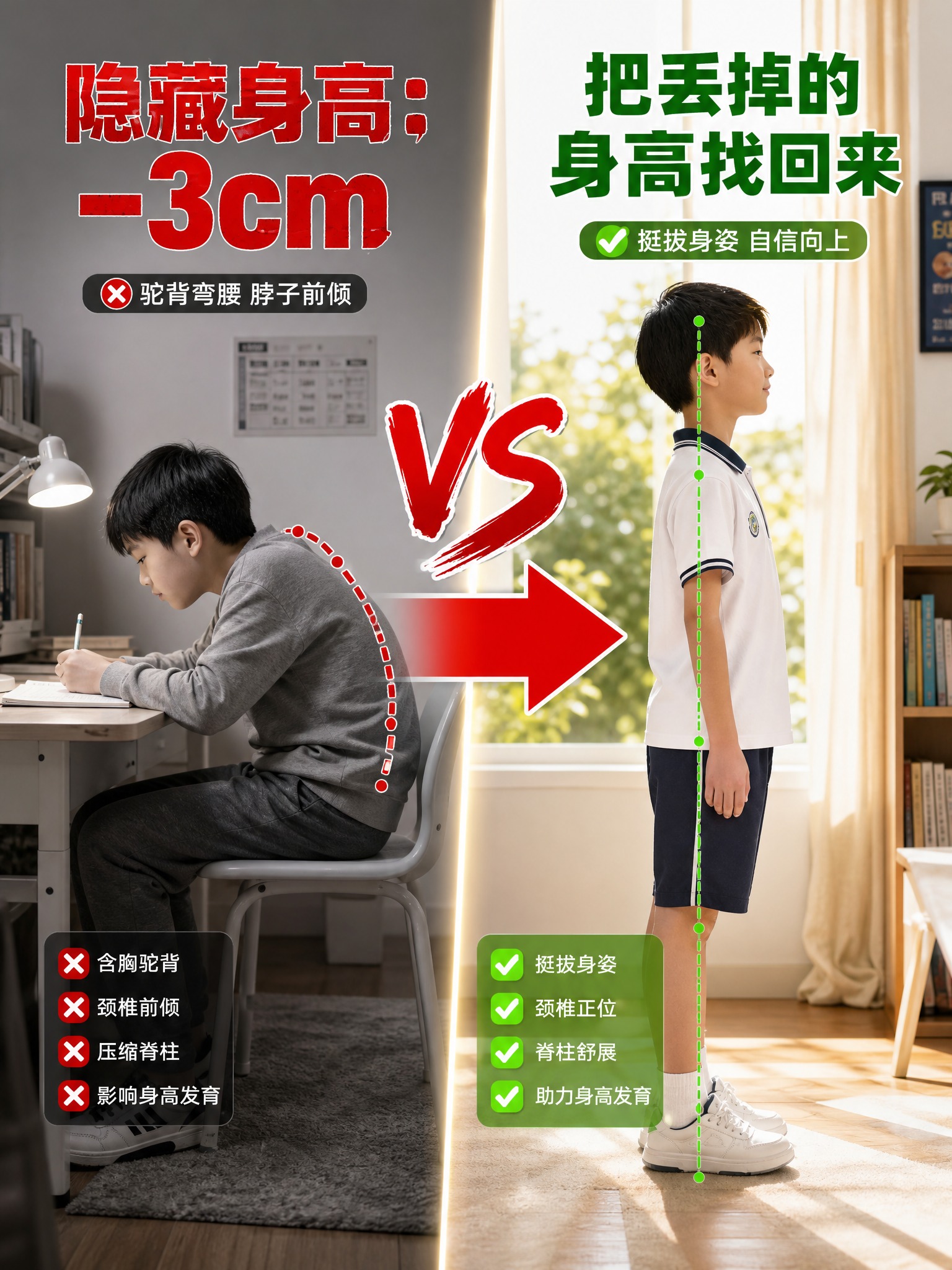 一张小红书风格的儿童体态身高对比海报，左右双图对比（befor… - 图片创意预览