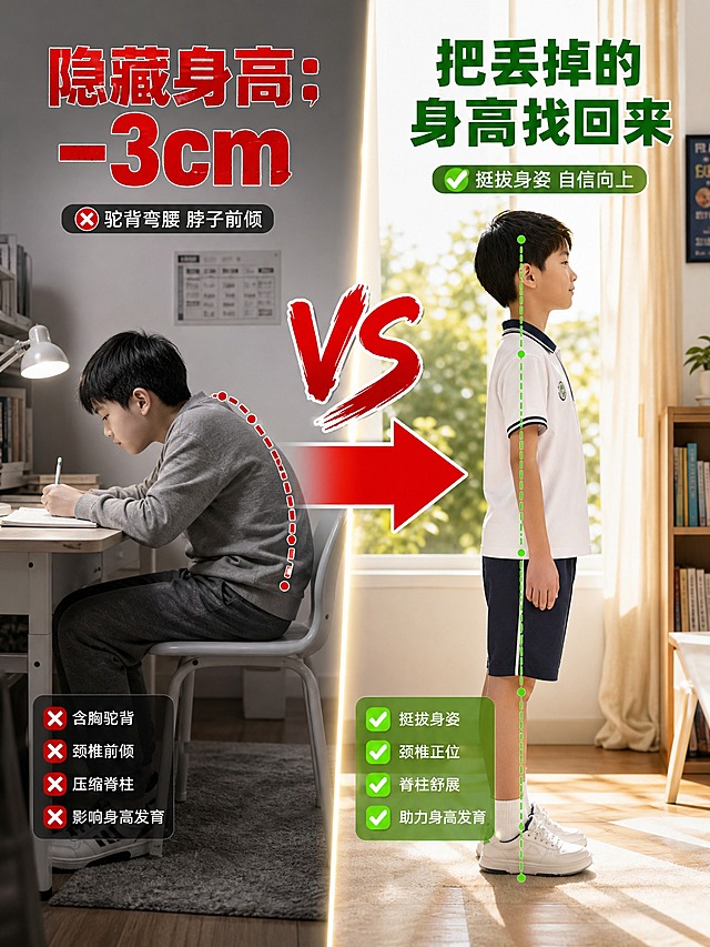一张小红书风格的儿童体态身高对比海报，左右双图对比（before/after），画面比例3:4竖版。

左侧画面（痛点/before）：一个约8-10岁的亚洲孩子坐在书桌前写作业的侧面照，驼背非常明显，颈椎严重前倾，头部前探，背部呈C形弯曲，姿态夸张地表现出不良体态。画面色调偏冷偏灰，氛围压抑。画面上方有醒目的红色粗体大字标注："隐藏身高：-3cm"，字体醒目有冲击力。

右侧画面（爽点/after）：同一个孩子挺拔站立的侧面照，身体完全舒展，腰背挺直，下巴微收，身姿自信挺拔，整个人显得高挑精神。画面色调明亮温暖，阳光感十足。画面上方有醒目的绿色粗体大字标注："把丢掉的身高找回来"，字体积极有力量。

两图中间：一个粗大的红色箭头从左指向右，箭头上方有醒目的"VS"字样，视觉冲击力极强，形成强烈的对比效果。

整体风格：写实商业摄影风格，画面清晰锐利，对比强烈，小红书种草封面感，版式精美，排版专业。

画面中所有数字必须精确渲染，不得出现错位、遗漏或编造的数字。
画面中所有信息区域、对比模块必须填充完整合理的内容，不得出现空白框或占位。