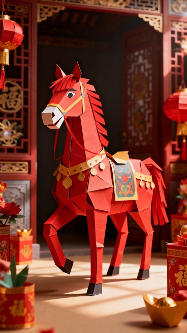 纸艺风格，3D立体纸扎红鬃烈马，写实光影，细节丰富，充满中式民俗喜庆氛围，全景预览效果