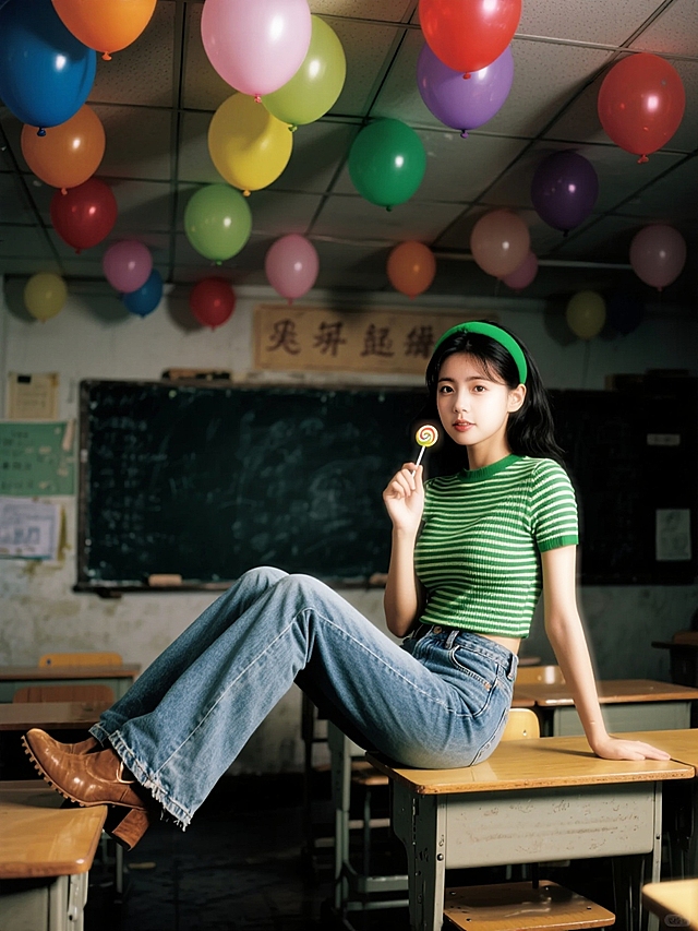 甜美清新，文艺手账风，色彩气球点缀，少女教室梦幻场景。