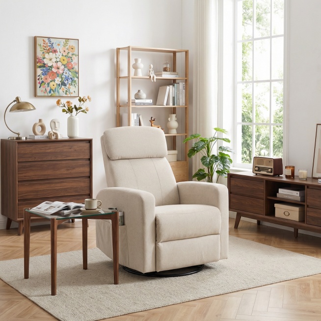 保留图中米白色单人沙发的角度位置不变，生成充满现代温馨感的奶油风多功能客厅，整体氛围柔和松弛，以米白、胡桃木色与浅木色为主色调。墙面是纯净的白色，搭配浅木色人字拼地板与浅米色编织地毯，右侧大窗户引入充预览效果