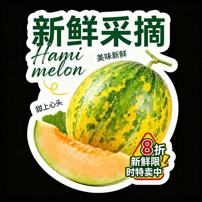 “鲜香哈密瓜”大标题，绿黄主色调，“新鲜采摘”手写体，搭配“Hami melon”。哈密瓜，辅以“美味新鲜”“甜上心头”，“8折新鲜限时特卖中”警示图标。预览效果