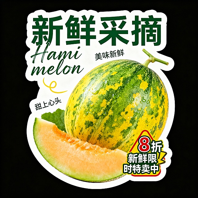“鲜香哈密瓜”大标题，绿黄主色调，“新鲜采摘”手写体，搭配“Hami melon”。哈密瓜，辅以“美味新鲜”“甜上心头”，“8折新鲜限时特卖中”警示图标。