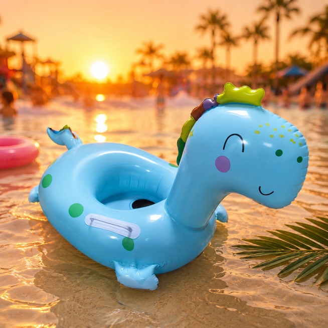 商业级产品摄影
主体：儿童游泳圈严格参照上传第一张产品图，完整保留所有可见组件、部件、轮廓、结构、比例、材质、颜色与产品本体上的文字信息，与上传图完全一致；产品占画面60%~70%，完整不裁切，近景构预览效果