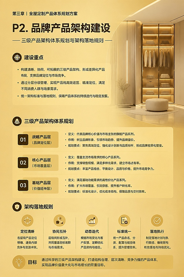 [第3屏] 本屏功能：P2品牌产品架构建设，展示三级产品架构体系规划与架构落地规则。本屏使用【图1】文字内容参考排版。
[氛围/风格] 高端专业简洁画册风格，统一金色底色，搭配现代空间设计元素，清晰易读。
[元素布局] 顶部章节标题，上半部分展示建设重点，下半部分分点展示三级产品架构体规划内容；右侧留白处搭配简约轻奢衣柜空间示意图装饰；内容排布清晰，分点明确便于阅读。
[光影质感] 均匀布光，文字清晰，金色背景有质感，无明显明暗硬边。
[配色色系] 统一金色 #D4AF37底色，标题深色加粗，正文适配对比色，文字和背景对比清晰。
[视角构图] 从上到下通栏排版，分点左对齐，右侧点缀装饰，动线自然。
[文字版式] 章节标题加粗置顶，分点使用项目符号，微软雅黑字体，层级清晰，行间距宽松，文字清晰可读不拥挤。
[比例分辨率] 2:3 竖版比例（适配W20cm*H30cm），4K分辨率，高清画质。
[负向提示词] 文字错乱，文字过小，排版拥挤，水印，变形，颜色偏差