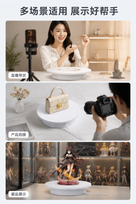 [第7屏] 适用场景拼图-直播拍摄多场景展示。
[氛围/风格] 多场景拼贴，真实代入，高端大气商业摄影质感。
[元素布局] 上下三格拼图，每个格子展示一个不同使用场景。第一格：直播带货场景，主播在直播预览效果