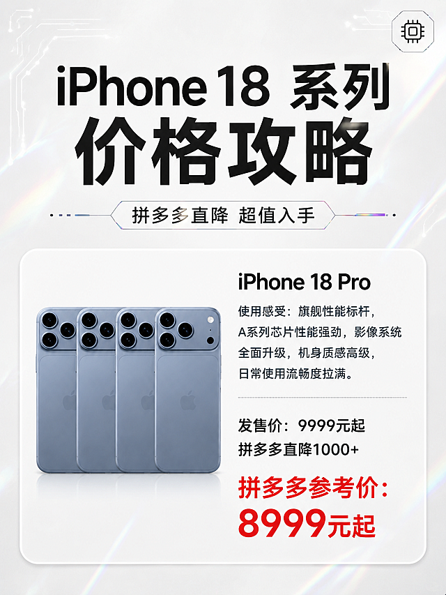 一张iPhone 18系列价格攻略海报，3:4竖版比例，黑白浅色高级简约科技风，带有轻微镭射光效点缀。版式参考测评卡片式布局：顶部大标题区写着"iPhone 18 系列 价格攻略"，下方有副标题"拼多多直降 超值入手"。中间是一个白色圆角大卡片，左侧放iPhone 18 Pro手机背面图（以第一张图中蓝色款为参考，保持商品颜色不变，手机横排展示一组），右侧文字区从上到下依次写：产品名"iPhone 18 Pro"，使用感受"使用感受：旗舰性能标杆，A系列芯片性能强劲，影像系统全面升级，机身质感高级，日常使用流畅度拉满。"，然后是一条细分割线，下方写"发售价：9999元起"，再写"拼多多直降1000+"，最下方"拼多多参考价：8999元起"用醒目的红色大字标注。背景为浅灰白色渐变，带有细微的科技感电路线条和轻镭射虹彩光泽，整体干净高级，简体中文字体，排版精美，商业海报质感。画面中所有数字必须精确渲染，不得错位、遗漏或编造。