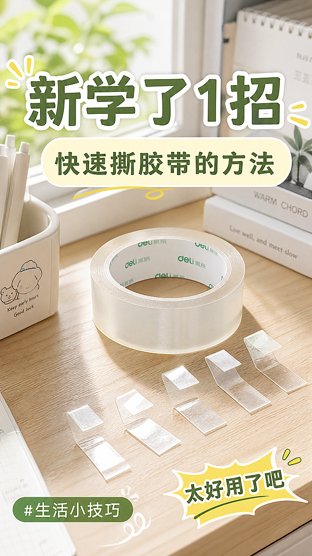 小红书内容种草封面，清新写实生活场景，桌面摆放着透明胶带和裁切好的胶带段，简洁干净，主标题“新学了1招”放在画面上方，副标题“快速撕胶带的方法”放在主标题下方，右下角标注“太好用了吧”，左下角添加标签“#生活小技巧”，排版精美，文字清晰，符合小红书种草风格，画面比例9:16