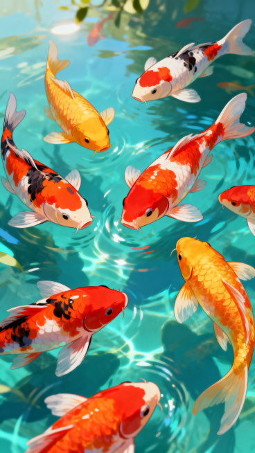 早安祝福主题，一群五颜六色的锦鲤在清澈的水里自由嬉闹，画面活泼喜庆，充满生机，色彩鲜艳丰富，带有温馨美好的早安氛围预览效果