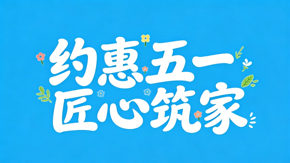 干净的纯蓝色背景。平面艺术字体设计，八个字主体文字"约惠五一 匠心筑家"，所有文字单行横向排列，圆润粗厚的手写书法笔画，笔画末端圆润自然，字体整体饱满。字体主体颜色为白色，保留原图的小花朵和绿叶装饰元预览效果