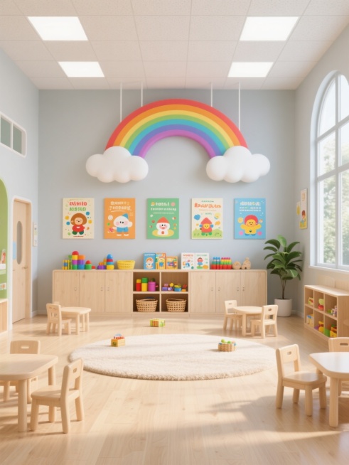 3D渲染风格的幼儿园室内场景，明亮通透的空间，浅色木地板，白色吸音天花板配嵌入式方形灯具，大面积玻璃窗引入自然光，墙面为浅灰色，上方装饰有大型彩色渐变彩虹和白色云朵造型，彩虹下方悬挂着五幅色彩鲜艳、带有卡通图案的儿童教育海报，海报下方是浅色木质储物柜，柜子上摆放着各种彩色玩具、绘本和收纳篮，地面中央铺有圆形浅色地毯，周围散落着小巧的浅色木质桌椅，角落有一盆绿色植物，整体色调温暖明快，充满童趣与……预览效果