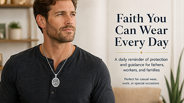 Amazon Premium A+ page - lifestyle wear scene. Handsome Caucasian man in casual outfit (dark henley shirt) wearing the silver Saint Joseph pendant necklace. Pendant resting on chest, visible above neckline. Natural soft lighting, modern minimalist interior background with warm tones. Man has confident calm expression. Shallow depth of field, pendant in sharp focus. Right side has text overlay area. Title: 'Faith You Can Wear Every Day'. Subtitle: 'A daily reminder of protection and guidance for fathers, workers, and families'. Small text: 'Perfect for casual wear, work, or special occasions'. All text in English. Wide horizontal format. Authentic lifestyle photography, natural and relatable mood. No Chinese characters.