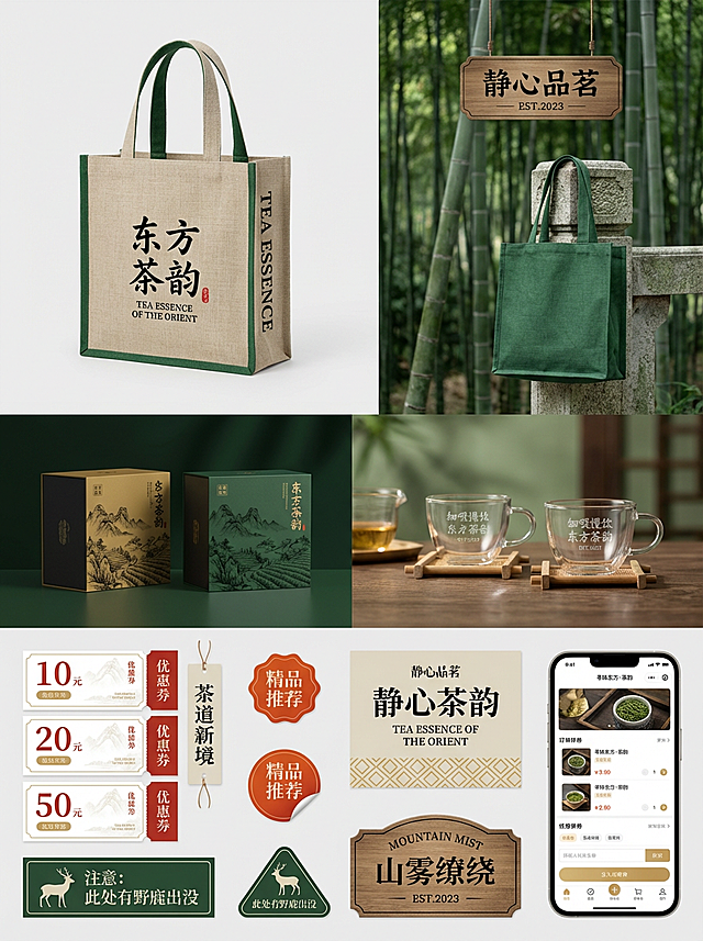 中式感与质朴感交融，水墨风山水绘于茶礼盒，双色设计搭配大字风字体，木雕风牌匾点缀静谧竹林场景，国潮风元素贯穿整体，传递清新舒适之境。
