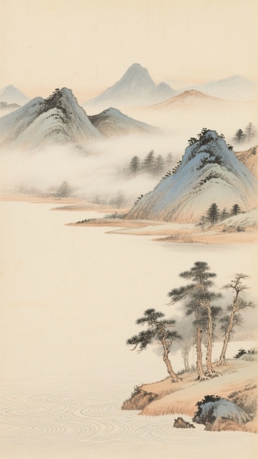 中国传统水墨山水画，淡雅的米黄色宣纸背景，运用浅赭石、石青、墨色等传统国画颜料，以细腻的勾勒和晕染技法描绘连绵起伏的远山，近处水域平静开阔，水面上有细密的波纹线条，岸边点缀几株挺拔的松树立于土坡之上，山间云雾缭绕，呈现出空灵悠远、宁静淡泊的意境，构图采用高远与平远结合的方式，层次分明，笔触温润，尽显古典山水的雅致韵味。预览效果
