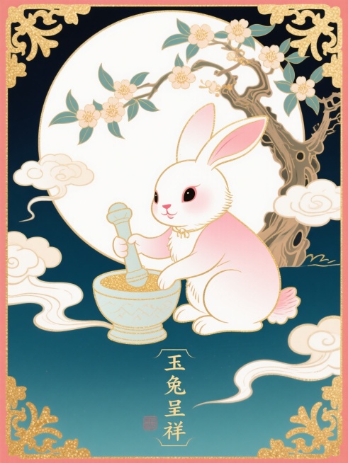 中国传统木版年画风格，拟人化兔执玉杵捣药，背景月宫桂树与祥云，四角桂花纹样，底部竖排“玉兔呈祥”，工笔重彩，粉白配月白，金粉勾边，仙逸氛围预览效果