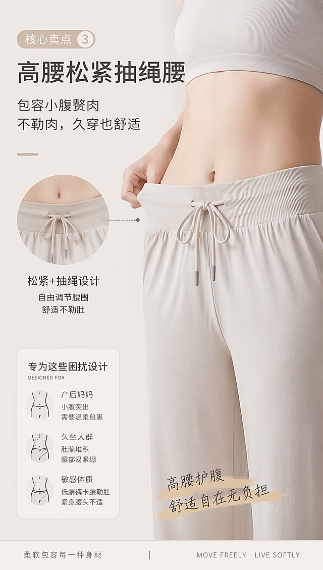 小红书竖屏详情页第四屏，核心卖点3：高腰松紧抽绳腰，包容小腹赘肉不勒肉，痛点：产后妈妈小腹突出、久坐肚腩堆积，低腰裤卡腰勒肚，紧身腰头吃饱饭紧绷难受，整体温柔简约城市运动极简风，短句排版，展示高腰抽绳腰头细节，9:16比例
