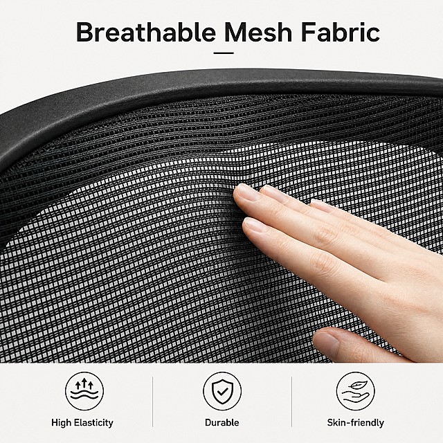 [Main image 3] Material detail display of black mesh office chair. Extreme macro full screen display of breathable mesh backrest texture, hand touches the mesh to show the flexible and breathable characteristics. Main title "Breathable Mesh Fabric" at the top, two 3-column highlight labels at the bottom: "High Elasticity", "Durable", "Skin-friendly", with simple icons. Keep product material consistent with original image, maintain style and light consistency, all text in English, 1:1 square, 4K ultra HD resolution.