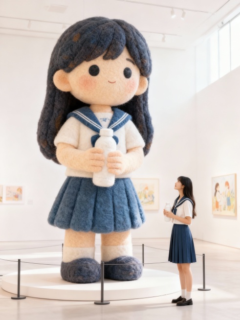 把图片主体做成充满创意和梦幻色彩的绘本风格的巨型毛毡艺术卡通风格雕塑放置在画面中心（主体的穿搭保持不变），主体站在一旁欣赏（与巨型主体形成比例反差），围栏隔离展示，背景是明亮的艺术展厅预览效果