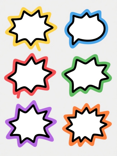 一系列六个不同配色的手绘风格爆炸形状对话框图标，每个图标均保持相同的粗黑色轮廓线条、内部留白、以及轮廓边缘的渐变描边效果，整体呈现简洁明快的卡通涂鸦感，图标规整排列于纯色背景上，色彩方案分别为：黄色描边、红色描边、蓝色描边、绿色描边、紫色描边、橙色描边，所有图标风格统一，仅轮廓描边颜色不同，形成协调且富有变化的系列素材集合。预览效果