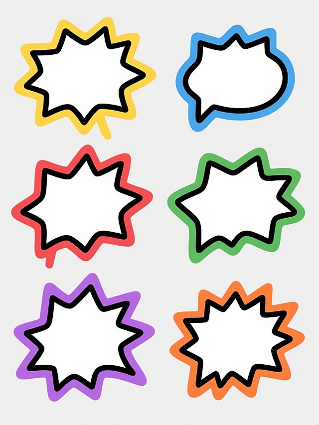 一系列六个不同配色的手绘风格爆炸形状对话框图标，每个图标均保持相同的粗黑色轮廓线条、内部留白、以及轮廓边缘的渐变描边效果，整体呈现简洁明快的卡通涂鸦感，图标规整排列于纯色背景上，色彩方案分别为：黄色描边、红色描边、蓝色描边、绿色描边、紫色描边、橙色描边，所有图标风格统一，仅轮廓描边颜色不同，形成协调且富有变化的系列素材集合。