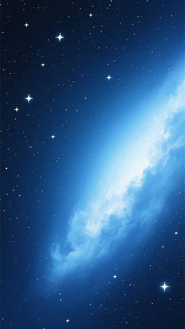 深邃的宇宙星空背景，以深蓝色到浅蓝色再到白色的渐变色调为主，无数闪烁的白色星星分布其中，右下方有一片明亮的浅蓝色星云，整体呈现出宁静、神秘且梦幻的氛围，画面干净简洁，具有数字艺术的平滑质感和细腻的光影过渡效果。