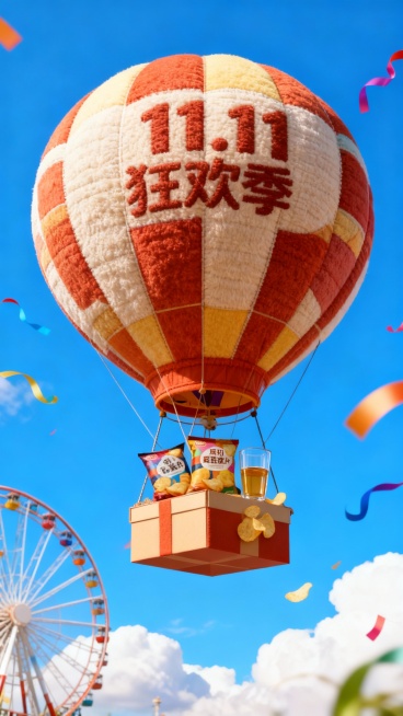 一个带有主体配色的大型热气球，吊篮为礼盒样式，礼盒里放着图中所有物品，气球上绣着“11.11 狂欢季”，背景展示高饱和蓝天、摩天轮、云朵、彩带等元素，营造出活泼、精致的氛围。预览效果