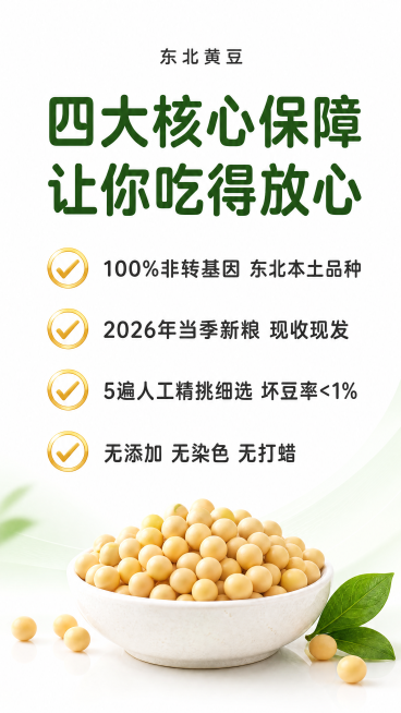 [第2屏] 本屏功能定义：东北黄豆核心价值海报，四大核心卖点展示。
[氛围/风格] 高端简约电商海报，画面干净高级，食品健康风格，无多余装饰。
[元素布局] 绿色+金色主色调，顶部主标题，下方四个核心预览效果