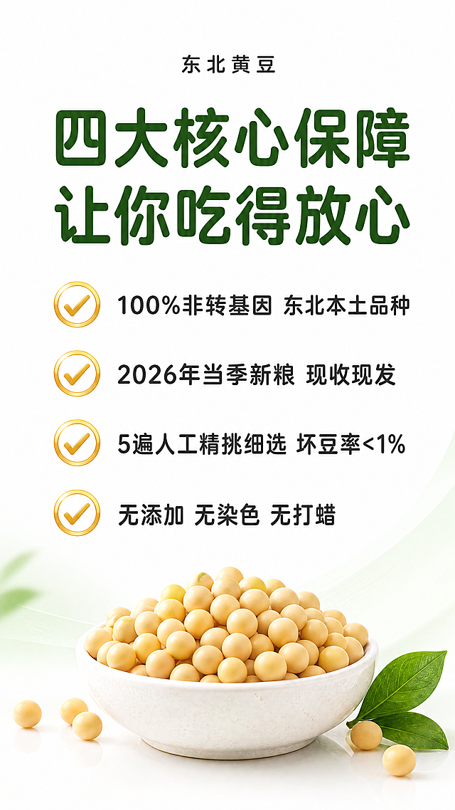 [第2屏] 本屏功能定义：东北黄豆核心价值海报，四大核心卖点展示。
[氛围/风格] 高端简约电商海报，画面干净高级，食品健康风格，无多余装饰。
[元素布局] 绿色+金色主色调，顶部主标题，下方四个核心卖点纵向排列，每个卖点配扁平化对勾图标，产品名称在标题上方居中，字体醒目，整体留白充足，不拥挤。四大核心卖点：100%非转基因 东北本土品种、2026年当季新粮 现收现发、5遍人工精挑细选 坏豆率<1%、无添加 无染色 无打蜡。
[光影质感] 均匀柔和布光，文字清晰突出，卖点图标有轻微金色光泽，整体明亮通透，无杂乱阴影。
[配色色系] 全局底色：#FFFFFF（纯白）；主标题：#2D5F2E（深绿）；卖点文字：#333333（深灰）；对勾图标：#D4AF37（金色）；背景装饰浅绿渐变。
[视角构图] 正面竖向排版，中心对齐构图，主标题在上，卖点纵向分布在下，上下留足边距，阅读动线清晰从上到下。
[文字版式] 顶部主标题"四大核心保障 让你吃得放心"，字号为画面宽度7%，深绿色加粗；四个卖点每个卖点开头配金色扁平化对勾图标，文字左对齐，每行字号为画面宽度4.5%，清晰可读。所有文字使用圆角黑体，只使用深绿和深灰两种字色，纯色填充字效。
[比例分辨率] 9:16竖版比例，4K分辨率，文字清晰可辨，超高清。
[负向提示词] 变形，水印，文字错乱，缺件错件，结构错误，颜色偏差，产品图模糊，背景杂乱，装饰元素过多，信息拥挤