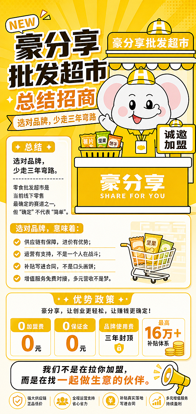 参考图中大象形象，保持大象皮肤颜色自然正常，将大象衣服改为黄色，整体以黄色为主题，添加完整文案内容：总结：选对品牌，少走三年弯路。零食批发超市是当前线下零售最确定的赛道之一，但“确定”不代表“简单”。选对品牌，意味着：✔ 供应链有保障，进价有优势；✔ 运营有支持，不是一个人在战斗；✔ 补贴写进合同，不是口头画饼；✔ 增值服务免费对接，多元营收不是梦。豪分享，0加盟费、0保证金、品牌使用费三年封顶、最高16万+补贴体系。我们不是在拉你加盟，而是在找一起做生意的伙伴。制作豪分享批发超市总结招商宣传海报