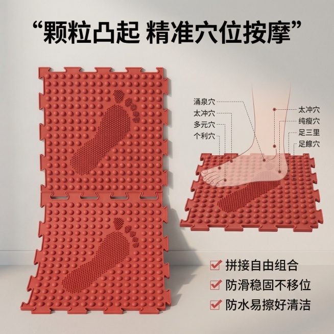 红色足底按摩硅胶拼接垫功能卖点主图，简约实用家居风，1:1比例，2K分辨率。画面左侧展示拼接结构：两块按摩垫正在拼接组合，右侧用细虚线标注足底穴位与按摩颗粒的对应关系，示意按摩作用。背景为浅灰色纯净家预览效果