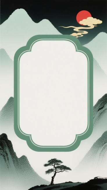 中国传统水墨风格的装饰边框设计，以淡绿色和白色为主要色调，背景是渐变的水墨山峰，山峰采用颗粒质感的渐变效果，底部点缀一棵孤松，右上角有一个红色的圆形太阳和几缕淡黄色的云彩，中央是一个绿色线条勾勒的不规则八边形空白边框，整体画面简洁淡雅，留白充足，营造出宁静悠远的东方意境，边框造型变换为上部呈波浪状起伏、底部带有对称弧形缺口的新中式轮廓。预览效果
