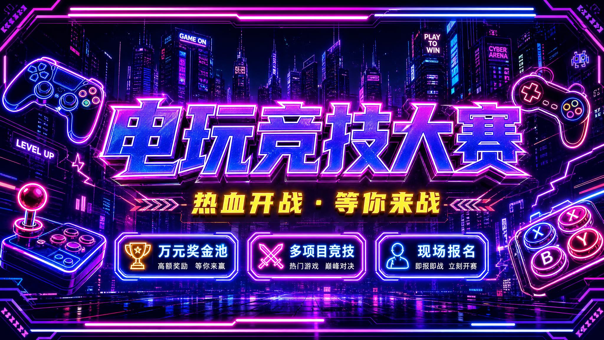 赛博朋克霓虹风格电玩竞技大赛门头海报，横版构图，16:9比例。… - 图片创意预览