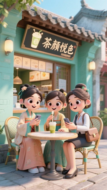 奶茶店门口，3个下班后的上班族女孩古装在喝奶茶刷手机，现代扮相大眼睛，场景是古代场景，但是氛围又有现代感，浅青绿色系，呈现下班后的快乐的感觉和氛围，不要“新手班”几个字，奶茶店是“茶颜悦色”，奶茶店外预览效果
