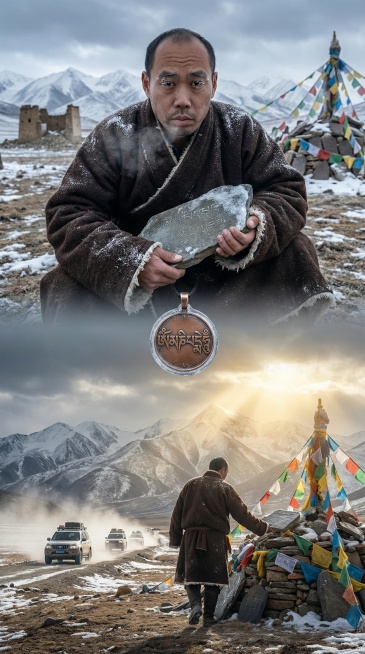 一人立于青藏高原腹地的冬日荒原，身披厚重牦牛毛织成的深褐藏袍，边缘磨损泛白，腰间束带挂着一串铜铃与经筒，肩头落着薄雪。背景是横亘天际的念青唐古拉山脉，雪峰如刃刺破铅灰色云层，山脚下，一座千年古道驿站仅预览效果