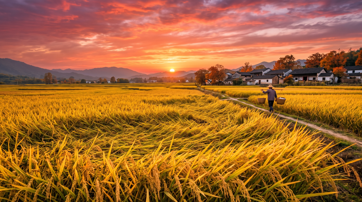 落日黄昏下的稻田植物，金黄稻穗随风摇曳，暖红色夕阳铺满天空，秋日乡村风景，16:9比例预览效果