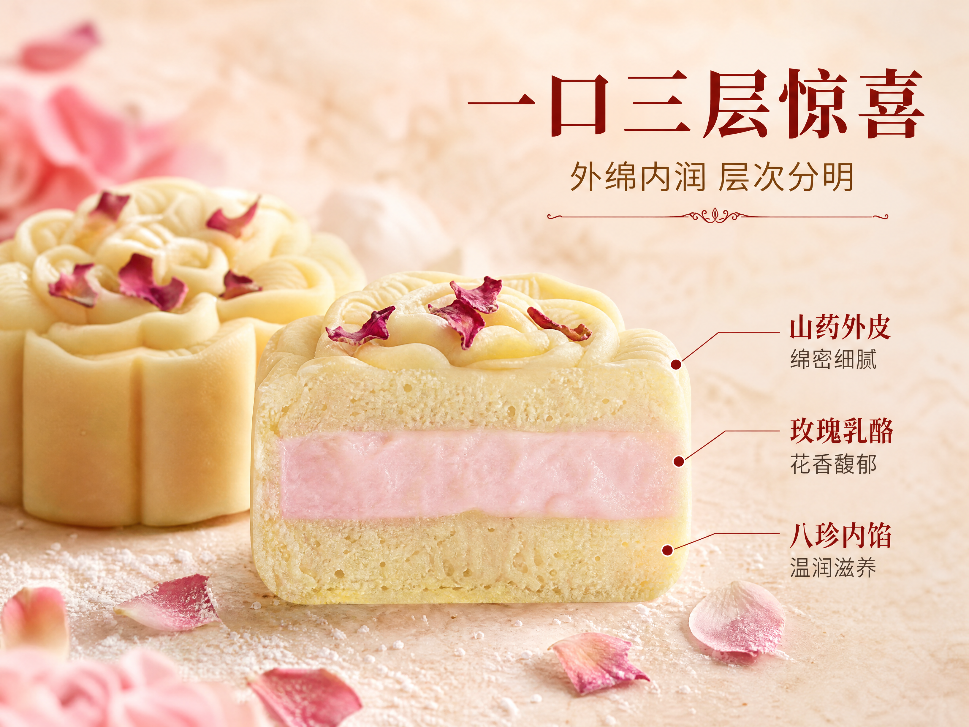 [商品] 使用【图1】玫瑰乳酪八珍糕产品；保留花形外观、米黄色… - 图片创意预览