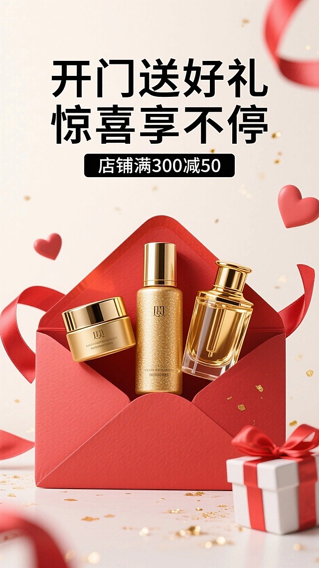 618海报，产品为三瓶护肤品，一个金色小罐，一个金色磨砂瓶，一个金色玻璃瓶，主要显示产品。主标题“开门送好礼 惊喜享不停”黑体。副标题“店铺满300减50”的。背景为浅色调，少量金粉，画面中间有一个红色信封，产品位于开口处，有种从信封中打开的效果，信封四周搭配红色的丝带、爱心、礼盒元素。整体风格现代精致高端大气，色彩对比鲜明，突出产品质感与促销活动氛围。