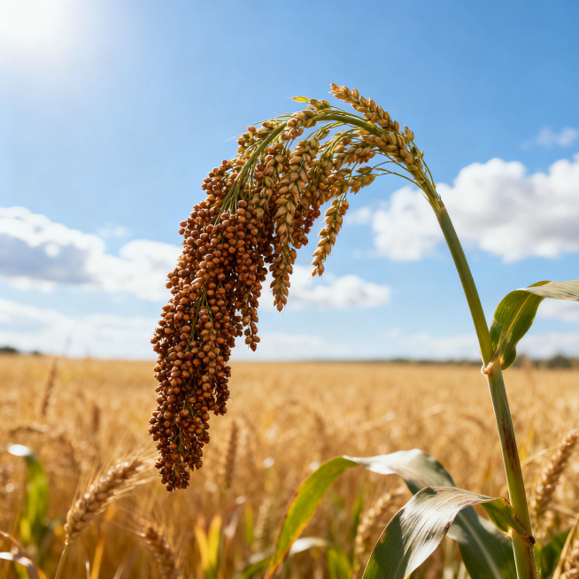 一株生长饱满的高粱，麦穗低垂，颗粒饱满，生长在田野中，背景是金黄的麦田和蓝天白云，阳光照射下质感真实自然，高清摄影风格预览效果