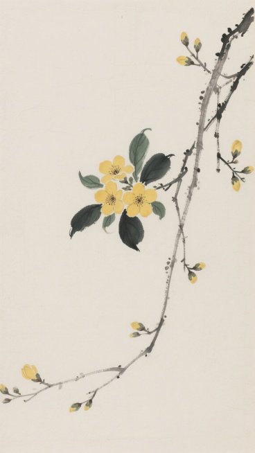 中国传统水墨工笔画风格，米白色宣纸背景，以淡墨勾勒枝干，细笔描绘黄色花朵与深绿色叶片，花朵呈五瓣形态，枝干自右上角向左下延伸，部分枝条带有含苞待放的花蕾，左下角有淡化的同类花枝呼应，整体构图简约留白，色彩淡雅清新，笔触细腻柔和，营造出宁静雅致的东方韵味。预览效果