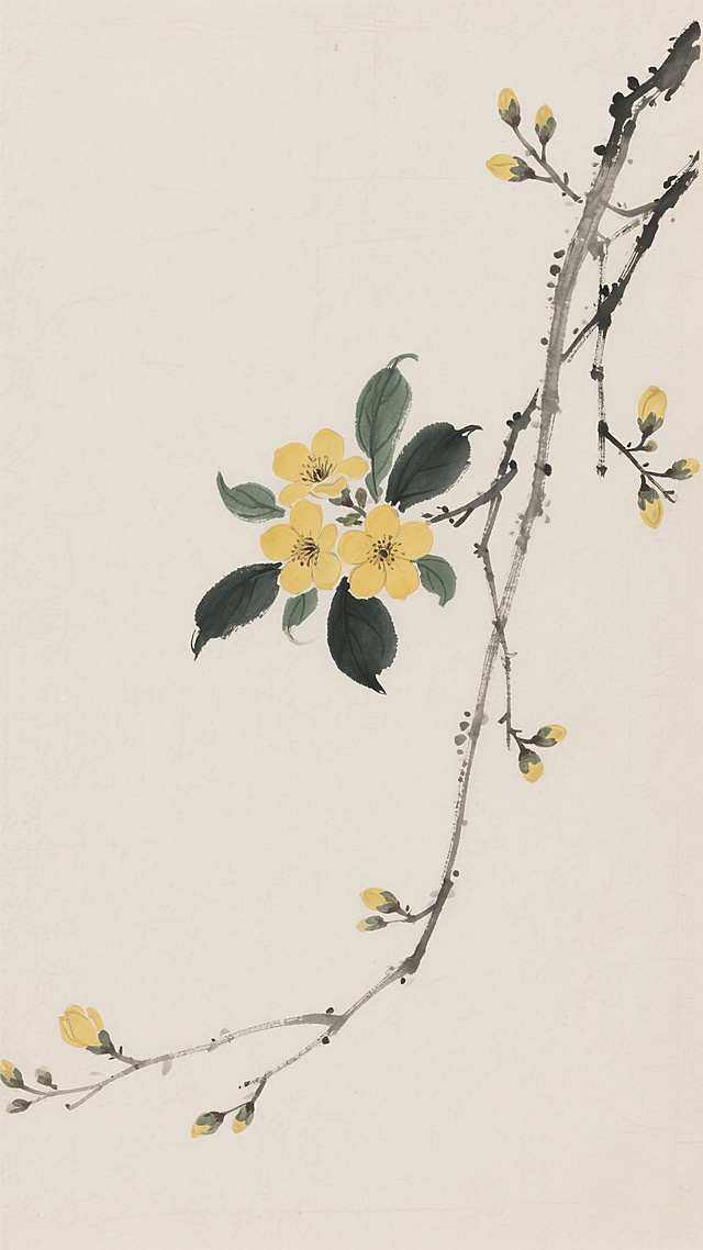 中国传统水墨工笔画风格，米白色宣纸背景，以淡墨勾勒枝干，细笔描绘黄色花朵与深绿色叶片，花朵呈五瓣形态，枝干自右上角向左下延伸，部分枝条带有含苞待放的花蕾，左下角有淡化的同类花枝呼应，整体构图简约留白，色彩淡雅清新，笔触细腻柔和，营造出宁静雅致的东方韵味。