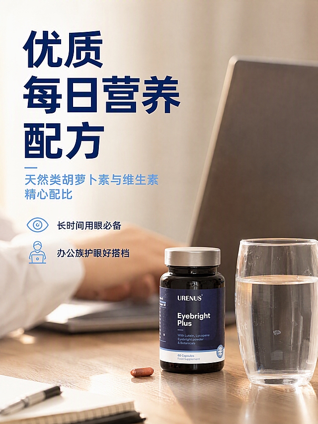 办公场景产品图，详情页第七张。本张使用【图7】作为基础，将英文全部翻译为中文并重新排版。办公桌面场景，右侧是URENUS护眼胶囊瓶+水杯，背景是使用笔记本电脑的手部虚化（瓶身英文标签保留不翻译）。左侧大中文标题「优质每日营养配方」，副标题「天然类胡萝卜素与维生素 精心配比」。下方加两行中文卖点：「长时间用眼必备」「办公族护眼好搭档」。深蓝主标题字，浅蓝辅助色，暖调办公场景，商业摄影质感，光线柔和有氛围感。中文简体，文字清晰醒目。
