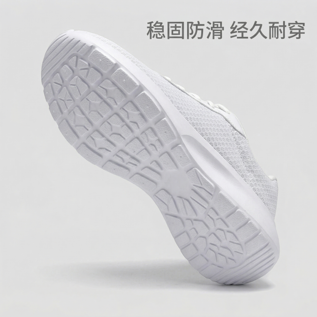 [主图 4] 运动鞋鞋底工艺展示主图
[氛围/风格] 专业清晰，质感突出，简洁干净。
[画面元素] 原产品白色网面运动鞋保持100%外观不变，侧翻放置展示一体式鞋底，清晰呈现鞋底纹路和整体轮廓，突出耐预览效果