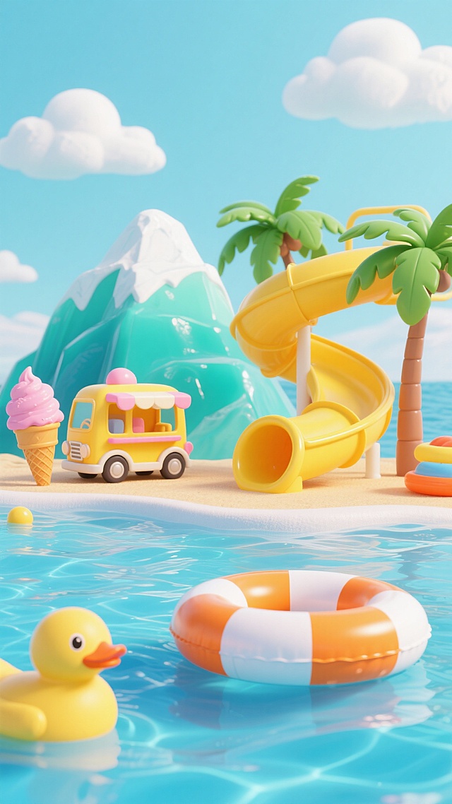 3D渲染风格，夏日玩具主题场景，整体配色以清爽的蓝绿色调为主，搭配明亮的黄色和橙色点缀，清澈的蓝色水面波光粼粼，水面上漂浮着橙白相间的充气游泳圈玩具，旁边有黄色的冰淇淋车玩具，车身上有粉色冰淇淋装饰，背景是蓝绿色的冰山和黄色的螺旋滑梯玩具，滑梯旁有两棵绿色的棕榈树玩具，天空是浅蓝色的，飘着白色的云朵，水面上还有黄色的小鸭子玩具，整体画面充满夏日清凉欢快的氛围，光影明亮柔和，物体边缘清晰，质感光滑，构图饱满，层次分明。