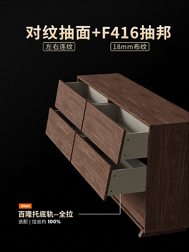 基于这张胡桃木色斗柜图片进行修改，保持整体风格、构图、产品、背景完全不变，仅做以下修改：1. 将顶部大标题中的“纤薄抽邦”改为“F416抽邦”；2. 将右上角“12mm布纹”改为“18mm布纹”；3. 去掉图片左侧中间的百隆五金部分内容（即“百隆托底轨--半拉 标配|拉出约75%”及其上方的blum橙色logo和左侧的白色标注线），保留下方“百隆托底轨--全拉”部分及其标注线；4. 其他所有元素、文字、颜色、排版、产品渲染效果均保持原样不变。